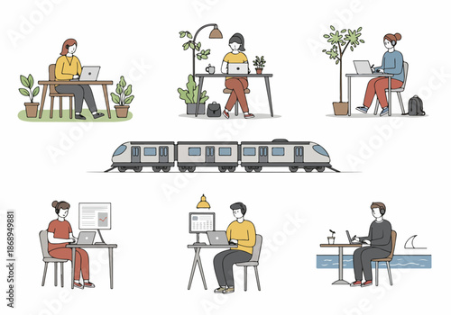 Modern remote work lifestyle illustration showing professionals using laptops in various locations near a high-speed train.