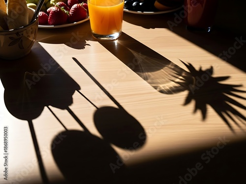 Sunlit breakfast scene featuring fresh juice, fruit, and striking shadows
