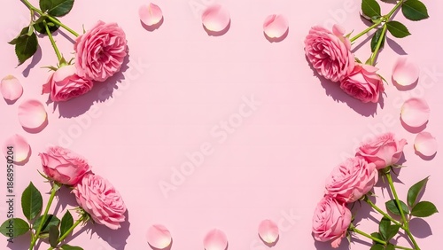 Valentine's Day: Pink Roses Frame With Petals on Pastel Background