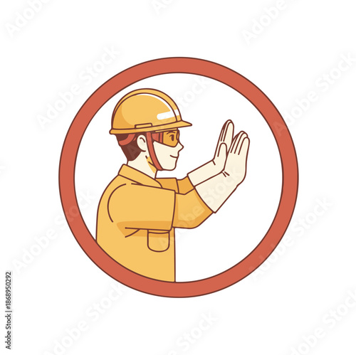 Construction worker signaling a stop or halt with hand gestures, wearing safety helmet and gloves, inside a red circle