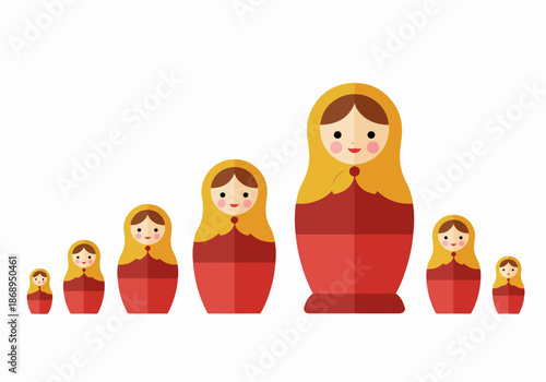 Flat vector illustration of Russian Matryoshka nesting dolls arranged symmetrically by size against a white background.