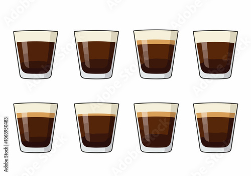 Vector illustration set of eight different layered coffee or alcoholic shots in small glasses, perfect for bar menus or beverage design elements.