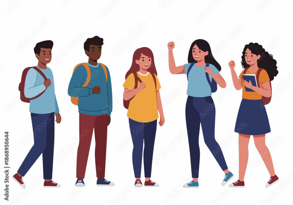 Fototapeta premium Diverse Group of Happy Students with Backpacks Standing Together, Ready for School or College Success.
