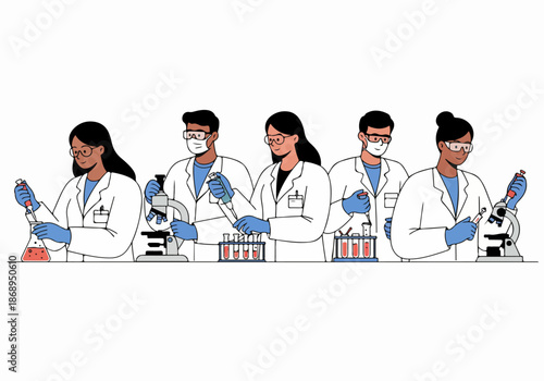 Diverse group of researchers performing scientific experiments in a laboratory setting, utilizing specialized equipment and safety gear.