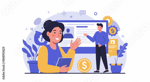 Professional woman having a virtual meeting about financial management, career profiles, or digital business consulting.