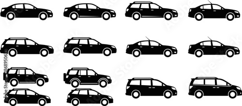 Car silhouettes collection set, black vehicle icons pack, sedan hatchback suv wagon shapes, transportation vector illustration, automotive design elements, isolated on white background