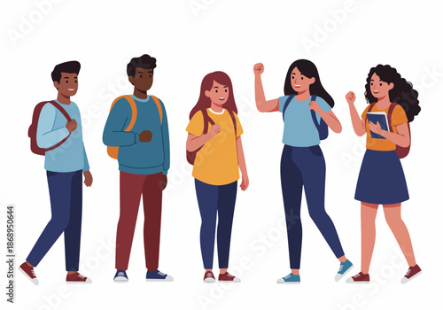 Diverse Group of Happy Students with Backpacks Standing Together, Ready for School or College Success.