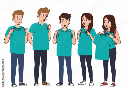 Group of five young friends reacting with surprise while holding up identical blank turquoise t-shirts, uniform clothing vector.