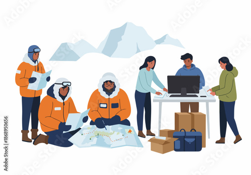 Polar expedition team planning the route and logistics at a research station base camp, reviewing maps and digital data.