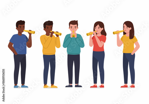 Diverse group of young students playing yellow recorders together, musical education concept in vector illustration.