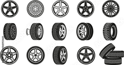 Car wheel and tire vector illustration set, alloy rims and rubber tires collection, automotive parts icons, monochrome mechanical design, isolated on white