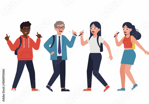 Diverse group of students and a male professor discussing, holding pens and gesturing. Flat vector illustration representing education and communication.