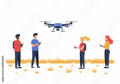 A diverse group of young adults operating a modern drone outdoors using remote controllers in a flat vector illustration style.