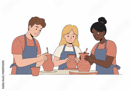 Diverse friends enjoying a pottery class, crafting clay pots and learning ceramics together.