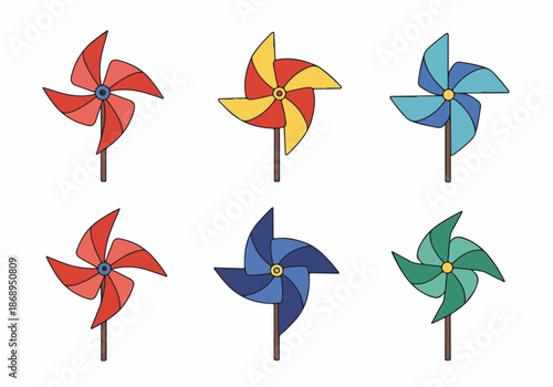 Six colorful pinwheels vector illustration set. Hand-drawn collection of paper windmills in various bright colors for summer, fun, and childish designs, isolated on white.