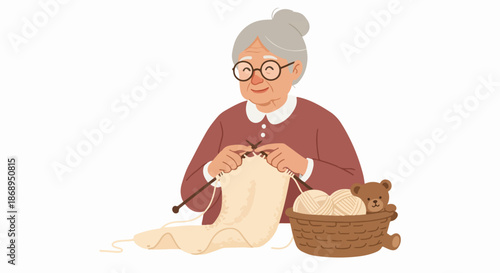 Cartoon illustration of a smiling grandmother knitting a blanket, showcasing handicrafts, cozy hobbies, and domestic relaxation.