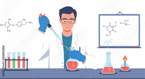 Male scientist conducting a chemical experiment using a pipette and lab glassware, illustrating research and development in a laboratory.