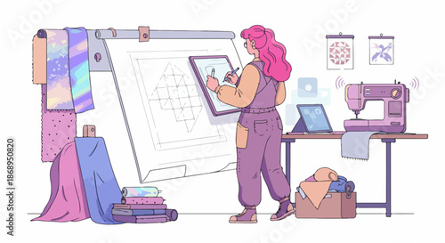 Creative professional digitally drafting a geometric quilt pattern in a colorful textile design studio with fabrics and a modern sewing machine.