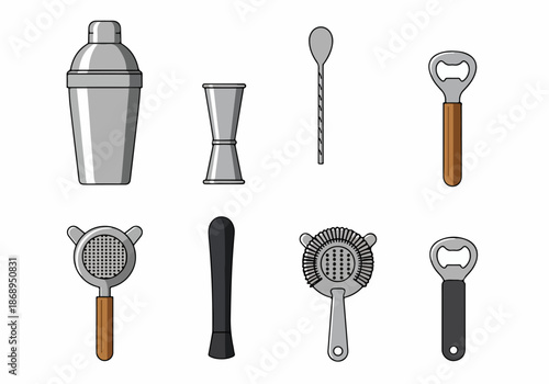 Essential Mixology Equipment Set: Cocktail Shaker, Jigger, Strainers, Muddler, Bar Spoon, and Bottle Openers Illustration