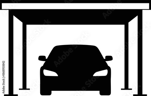 Car garage parking icon vector illustration, automobile silhouette under shelter structure, vehicle storage concept, home parking design isolated on white