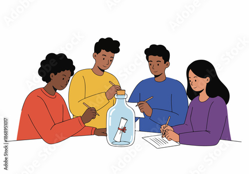 Diverse young people writing messages and resolutions around a bottle for a collaborative goal setting or wish activity.