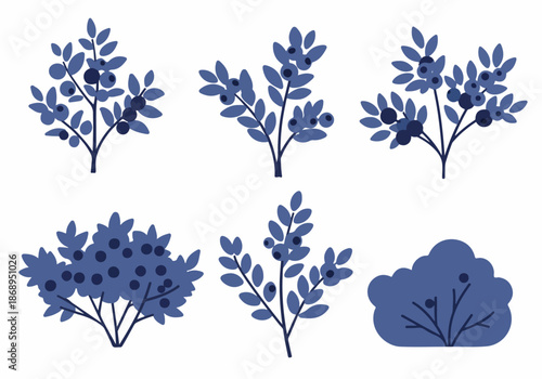 Blueberry bush vector set. Collection of flat design blue berries, branches, and shrubs isolated on white for forest and garden illustration.