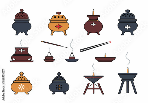 Flat vector icon collection of incense burners, holders, sticks, and cones for spiritual, meditation, and ritual use.