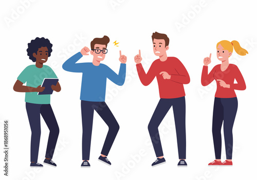 Diverse team members arguing, pointing fingers, and discussing conflict resolution in a flat vector illustration style.
