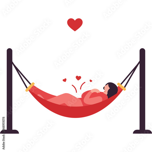 Beautiful Woman Relaxing in a Red Hammock Surrounded by Floating Hearts Symbolizing Love and Tranquility