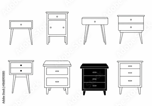 A collection of bedside table and nightstand vector icons, featuring various modern and vintage furniture designs in line art and silhouette styles.