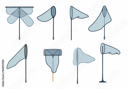 Set of 8 different styles of butterfly nets and scientific entomology collecting equipment vectors on white.