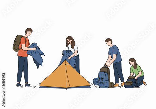 Young people setting up a camp tent and preparing their gear for a hike or weekend outdoor adventure.