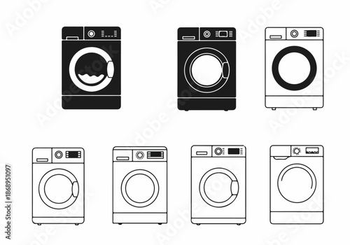 Washing Machine Icon Set: Modern front-load laundry appliance symbols in black silhouette and outline vector styles for domestic technology graphics.