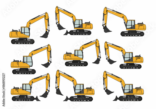 Stylized vector pattern featuring multiple yellow excavators, heavy construction and earthmoving machinery illustration.