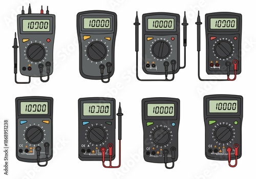 Collection of eight digital multimeter illustrations, electronic measurement tools vector set for voltage, current, and resistance testing.