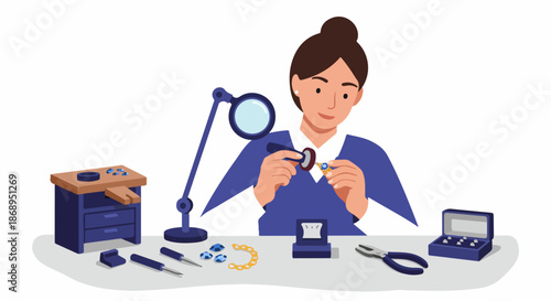Professional female jeweler setting a gemstone in a gold ring at her workbench, illustrating jewelry creation and repair.