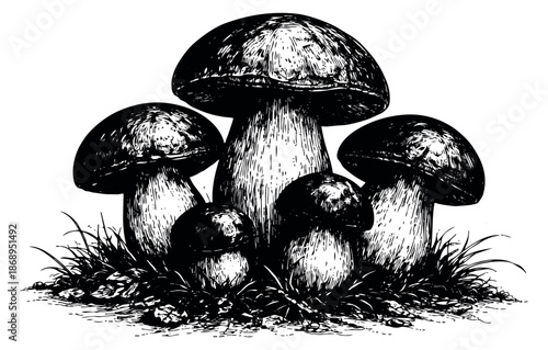 Hand drawn line art mushroom set featuring a group of fungi on grass for nature or culinary designs