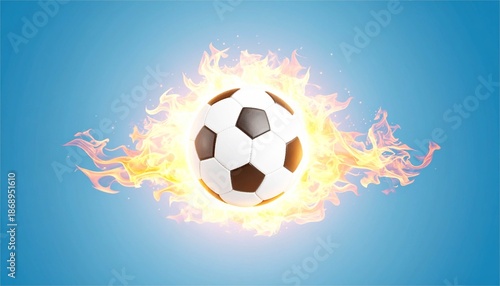 Soccer ball on fire flying through the air. Powerful and energetic flaming football for sports emblem and background.