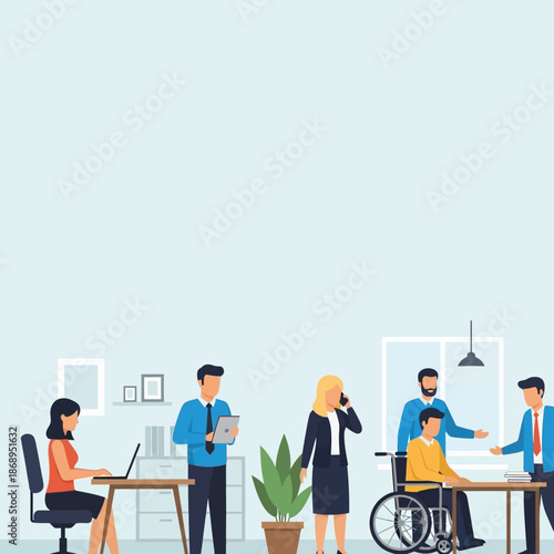 Diverse group of professionals collaborating in a modern office setting.