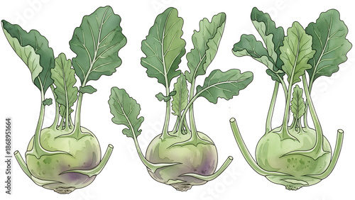 Three kohlrabi plants with green leaves and bulbous stems displayed together in a botanical illustration