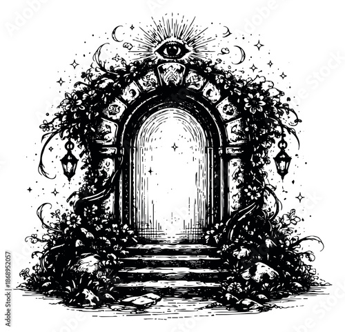 Hand drawn line art illustration of a mystical portal depicting an ornate gate with an all-seeing eye and lush foliage for esoteric and fantasy designs