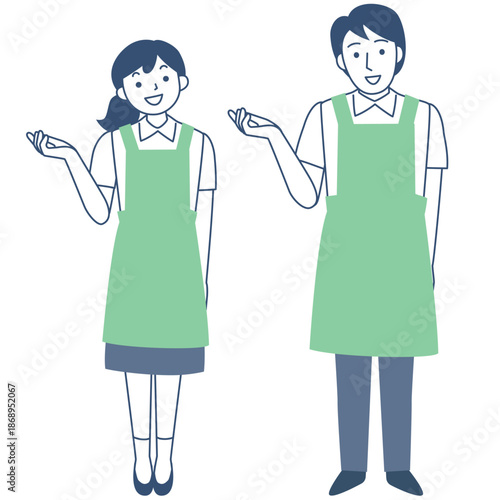 エプロンを着けて案内する若い女性と男性