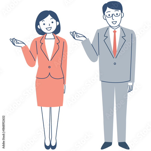 スーツを着て案内する若い女性と男性