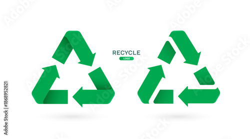 Two green recycled logo designs in front view to promote waste separation campaigns on world Recycling day, vector 3d illustration isolated on white background for advertising design