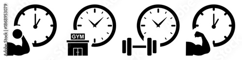Set of gym time icon vector for workout planners. Ideal for fitness schedules, clock weights, training durations, gym timers, and exercise routine symbols.