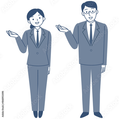 スーツを着て案内する若い女性と男性