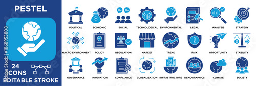 PESTEL analysis icon collection set. Containing political, economic, social, technological, environmental and legal factors. dual tone 