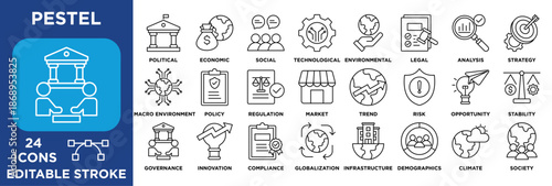 PESTEL icon collection set. Containing political, economic, social, technological, environmental, and legal analysis factors for strategy planning. outline vector 