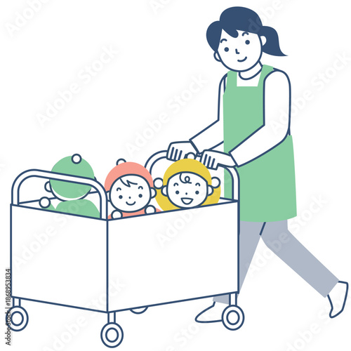 お散歩カートに乗って出かける幼児と保育士