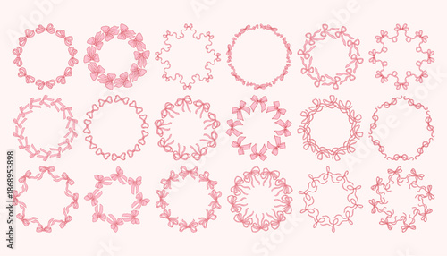 Vector set of bow wreath frames in delicate pink line art. Whimsical bow set. Elegant decorative circular borders for invitations, wedding designs, packaging, and feminine branding
